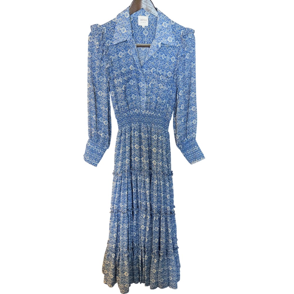MISA Los Angeles Womens XS Marjan Dress Blue Astra Smocked Tiered Midi Lurex - Picture 2 of 6